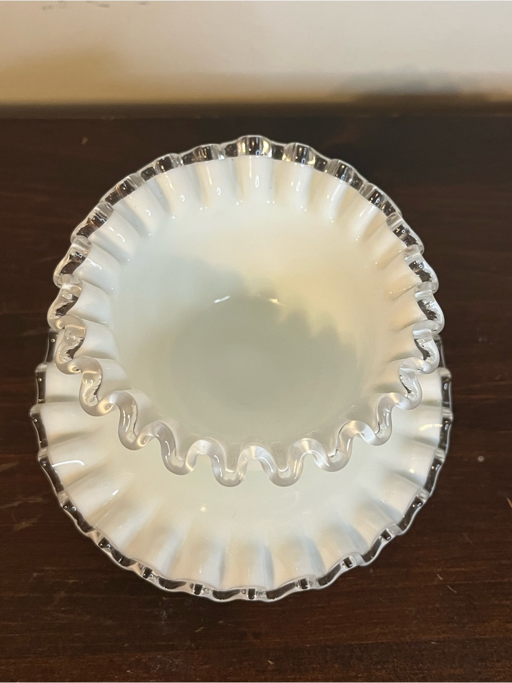 Vintage Fenton Silver Crest ruffled milk glass mayonnaise set bowl & dish - Picture 3 of 9